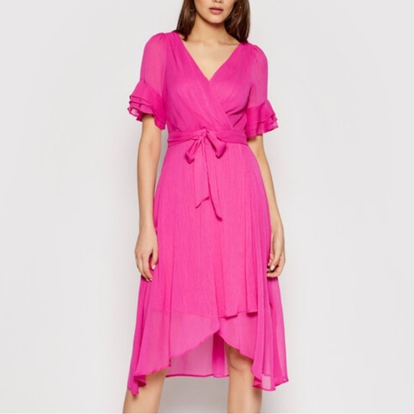 DKNY Pink Chiffon Barbiecore Wrap Dress Ruffle Sleeve Feminine Vibrant Size 2 - Picture 16 of 16